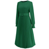Women Solid Round Neck Shirred Long Sleeve Pleated A-Line Midi Dress with Belt
