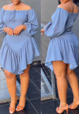 Blue Off Shoulder Balloon Sleeve Irregular Hem Dress