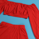 Solid Off Shoulder Long Sleeve Crop Top High Waist Slit Skirt 2PCS Set