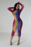 Sexy Gradient Print Mesh Bodycon Dress