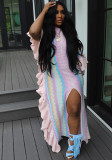 Fashion Ruffled Striped Slit Knitting Maxi Dress