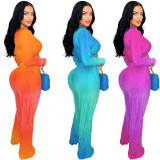 Gradient Color Deep V Tie Front Long Sleeve Crop Top 2PCS Pants Set