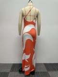 Sexy Asymmetric Print Orange Slim Bodycon Maxi Dress