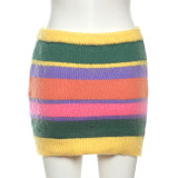 Sexy Knitting 2PCS Skirt Set Long Sleeve Striped Crop Top High Waist Bodycon Skirt