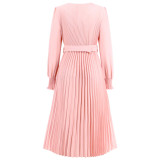 Women Solid Round Neck Shirred Long Sleeve Pleated A-Line Midi Dress with Belt