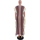 Fashion Ruffled Striped Slit Knitting Maxi Dress