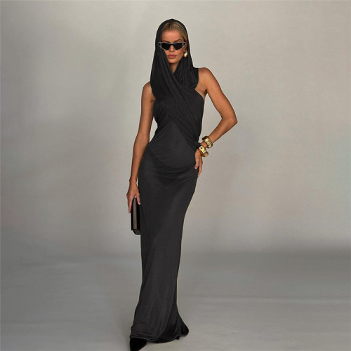 Trendy Solid Low Back Sleeveless Hooded Slim Fit Maxi Dress