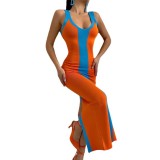 Sexy Color Contrast Knitting Tight Fitting Cami Slit Midi Dress