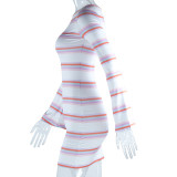 Off Shoulder Striped Bell Bottom Long Sleeve Casual Dress