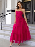 Hot Pink Strapless Mesh Ruffle Long Party Dress