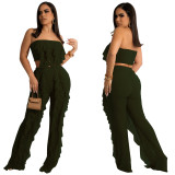 Solid Strapless Mesh Crop Top and Pants Ruffles 2PCS Set