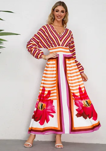 Floral Striped Print Long Sleeve V-Neck Long Swing Dress
