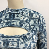 Dollars Print Cutout Long Sleeve Bodycon Sexy Club Dress