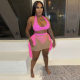 Sexy Hot Pink Mesh Patchwork See-Through Three-Piece Set