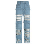 Street Style Ripped Holes Denim Straight Leg Pants