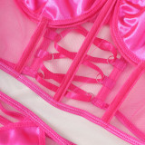 Hot Pink Mesh Patchwork Lace-Up Corset Sexy Lingerie 2PCS Set