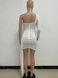 Solid Single Sleeve Pleated One Shoulder Ruched Bodycon Dress