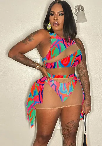 Sexy Print Colorful Mesh Patchwork Beachwear See-Through Three-Piece Set