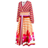 Floral Striped Print Long Sleeve V-Neck Long Swing Dress