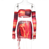 Trendy Print Sexy Long Sleeve Ruched Crop Top +Drawstring Mini Skirt 2PCS Set