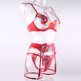 Sexy Embroidered Floral Underwire Bra Garter Thong Sexy 4PCS Set Underwear