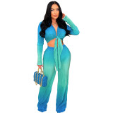 Gradient Color Deep V Tie Front Long Sleeve Crop Top 2PCS Pants Set