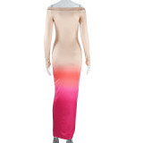 Off Shoulder Ombre Print Long Sleeve Bodycon Maxi Dress