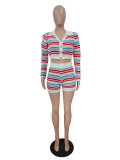 Fashion Striped Knitting 2PCS Set Turndown Collar Button Long-Sleeve Crop Top + Shorts