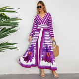 Floral Striped Print Long Sleeve V-Neck Long Swing Dress