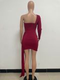 Solid Single Sleeve Pleated One Shoulder Ruched Bodycon Dress