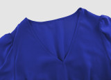Solid V-neck Long Sleeve Belted Elegant Midi Dress
