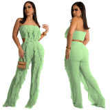 Solid Strapless Mesh Crop Top and Pants Ruffles 2PCS Set