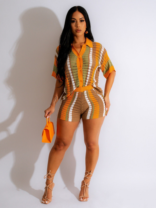 Hollow See-Through Contrast Color Knitting Shirt Top and Shorts 2PCS Set