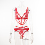 Women Red Embroidered Mesh Strappy Transparent Teddies Lingerie