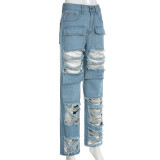 Street Style Ripped Holes Denim Straight Leg Pants