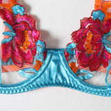 Sexy Embroidered Floral Underwire Bra Garter Thong Sexy 4PCS Set Underwear