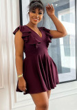 Sexy Solid V Neck Ruffles Wide Leg Rompers