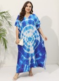 Plus Size Loose V-Neck Short Sleeve Printed Maxi Dress