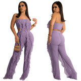 Solid Strapless Mesh Crop Top and Pants Ruffles 2PCS Set