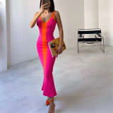 Sexy Color Contrast Knitting Tight Fitting Cami Slit Midi Dress