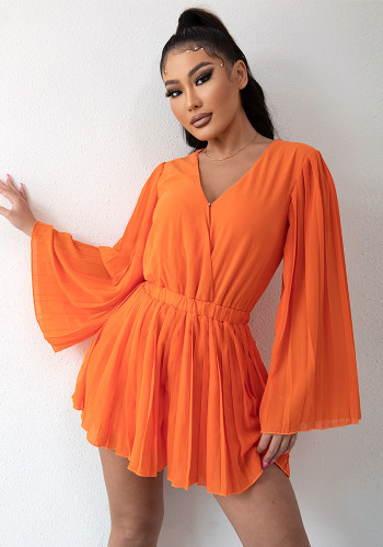 Solid V-Neck Pleated Long Sleeve Playsuit