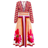 Floral Striped Print Long Sleeve V-Neck Long Swing Dress