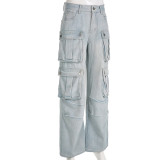 High Waist Zipper Split Patchwork Multi Pocket Straight Loose Street Fashion Denim Trousers Women