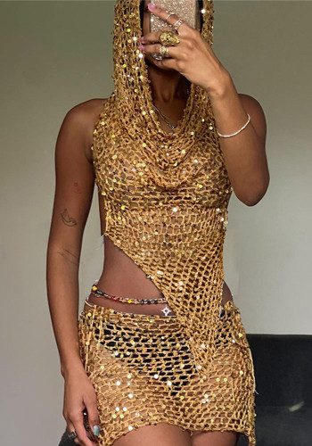 Sexy Hollow Sequin Hooded Backless Irregular Top and Bodycon Skirt Knitting 2PCS Set