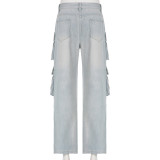 High Waist Zipper Split Patchwork Multi Pocket Straight Loose Street Fashion Denim Trousers Women