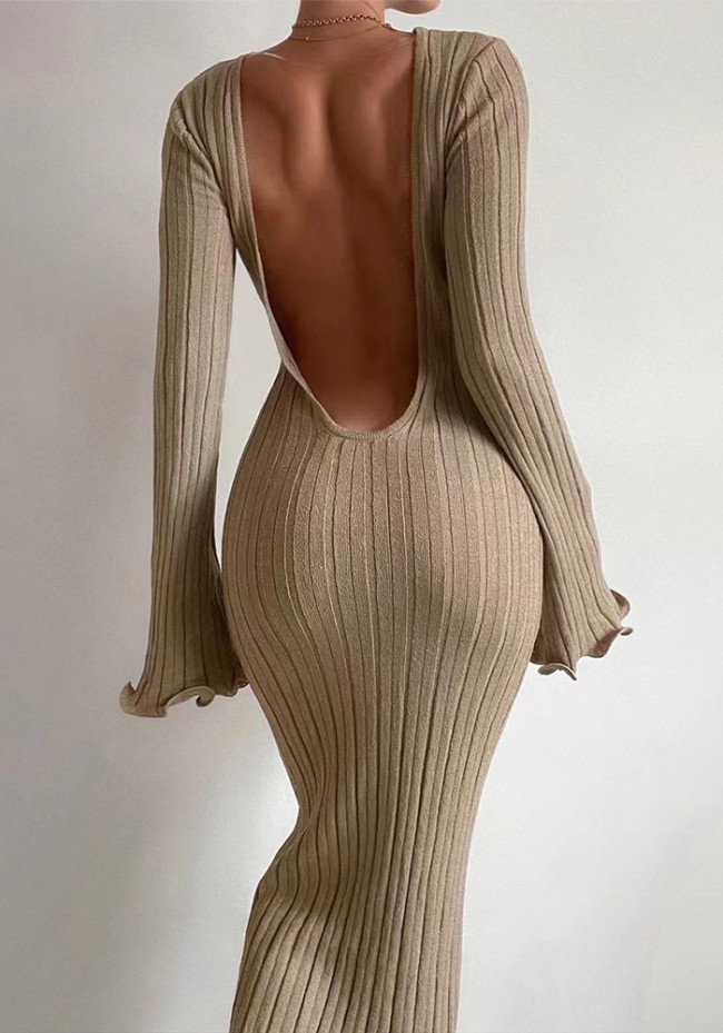 Sexy Ruffle Backless Long Sleeve Knitting Maxi Dress
