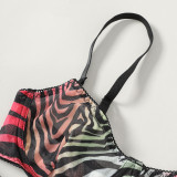 Colorful Zebra Print Mesh See Through Garter Sexy Lingerie Set