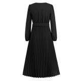 Wholesale Long Sleeve V-Neck Pleated A-Line Midi Dress