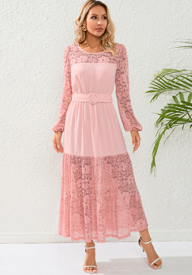 Lace Patchwork See-Through Long Sleeve Maxi Dress