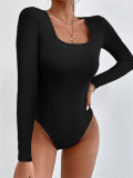 Sports Casual Ribbed Solid Square Neck Long Sleeve Tight Bodysuit